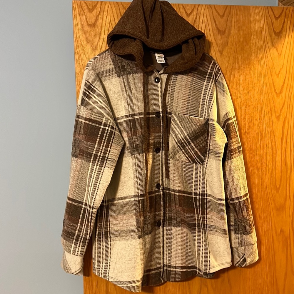 7th Ray Hooded Shacket - Sz XL - shades of brown.